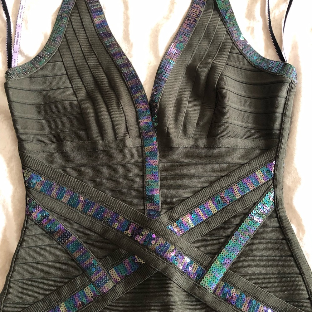 Herve Leger olive green sequins band dress